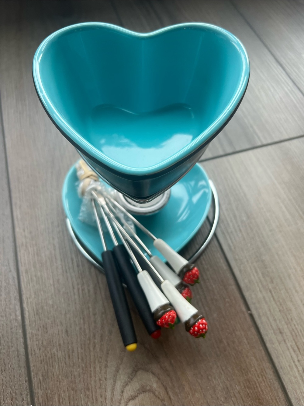 Turquoise Heart Fondue Set with Dipping Forks